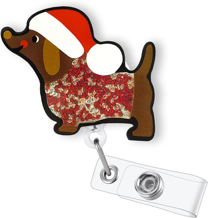 Bydevia Christmas Dachshund Shaker Badge Reel Retractable, Cute Wiener Dog Badge Reel for Nurse Nursing Student RN MA CNA Medical Worker & Teacher, Funny Nurse Gifts Holiday Badge Holder with Alligator Clip - Image 1